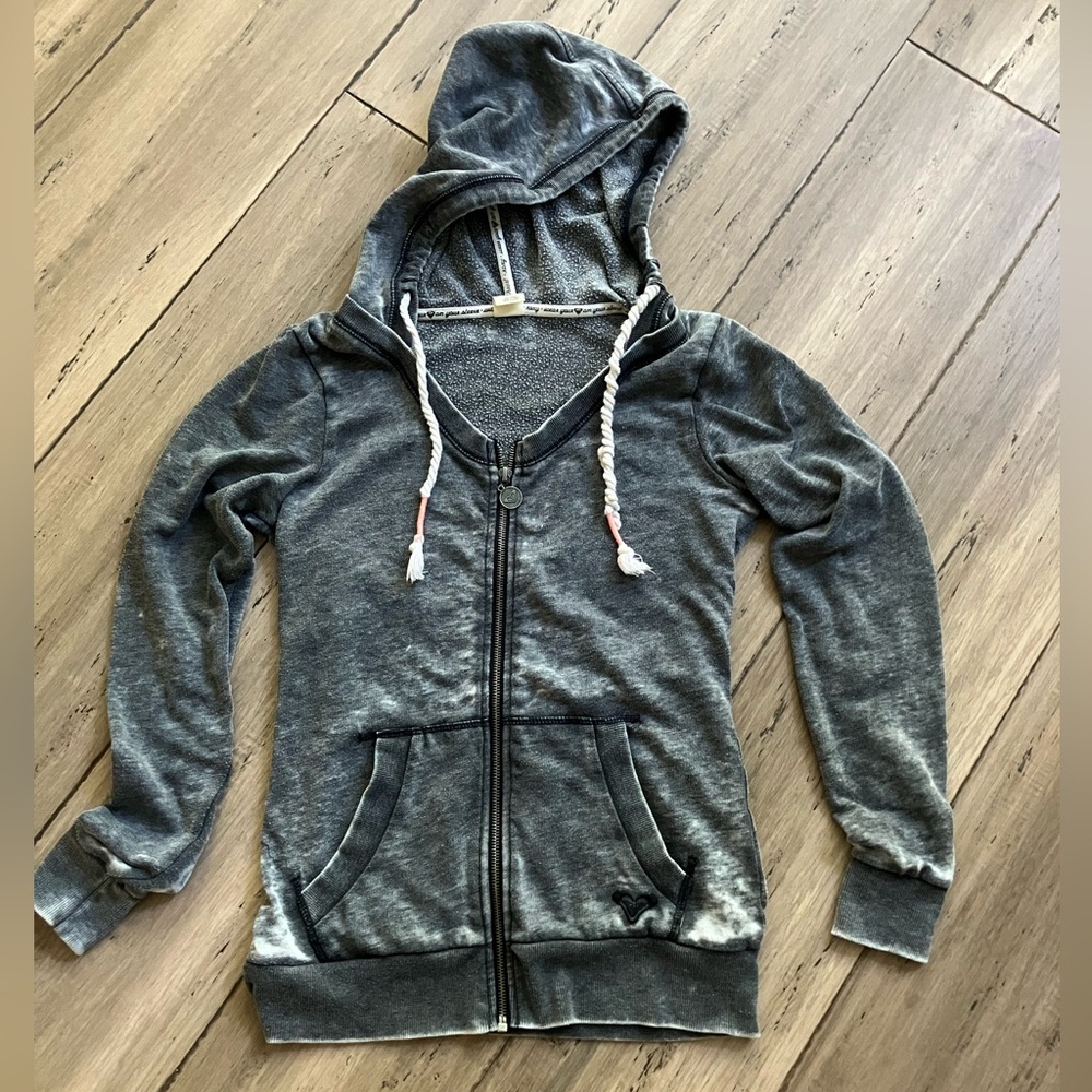 Roxy Charcoal Distressed Surfer Punk Hoodie Pink Logo S Surfer